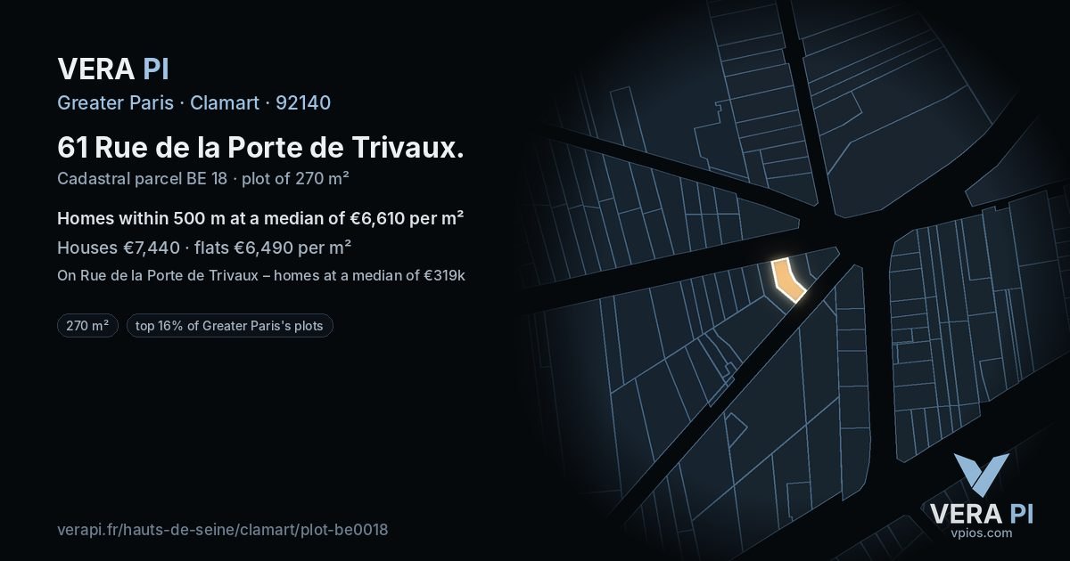 61 Rue de la Porte de Trivaux, Clamart at night – the plot lit, the parcels around coloured by the prices near them