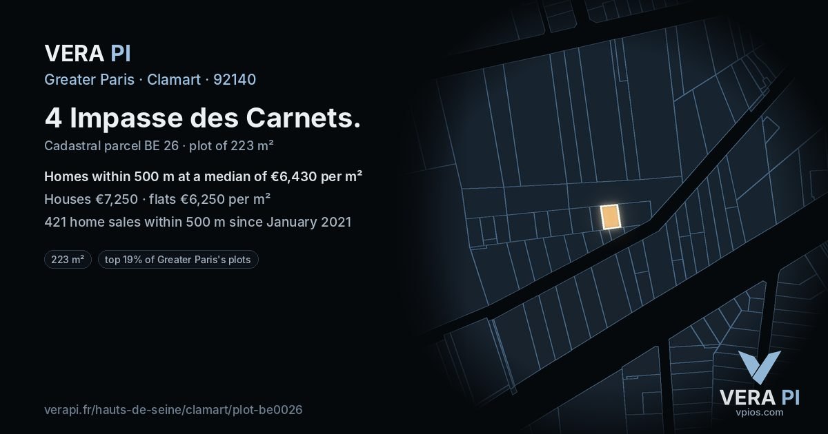 4 Impasse des Carnets, Clamart at night – the plot lit, the parcels around coloured by the prices near them