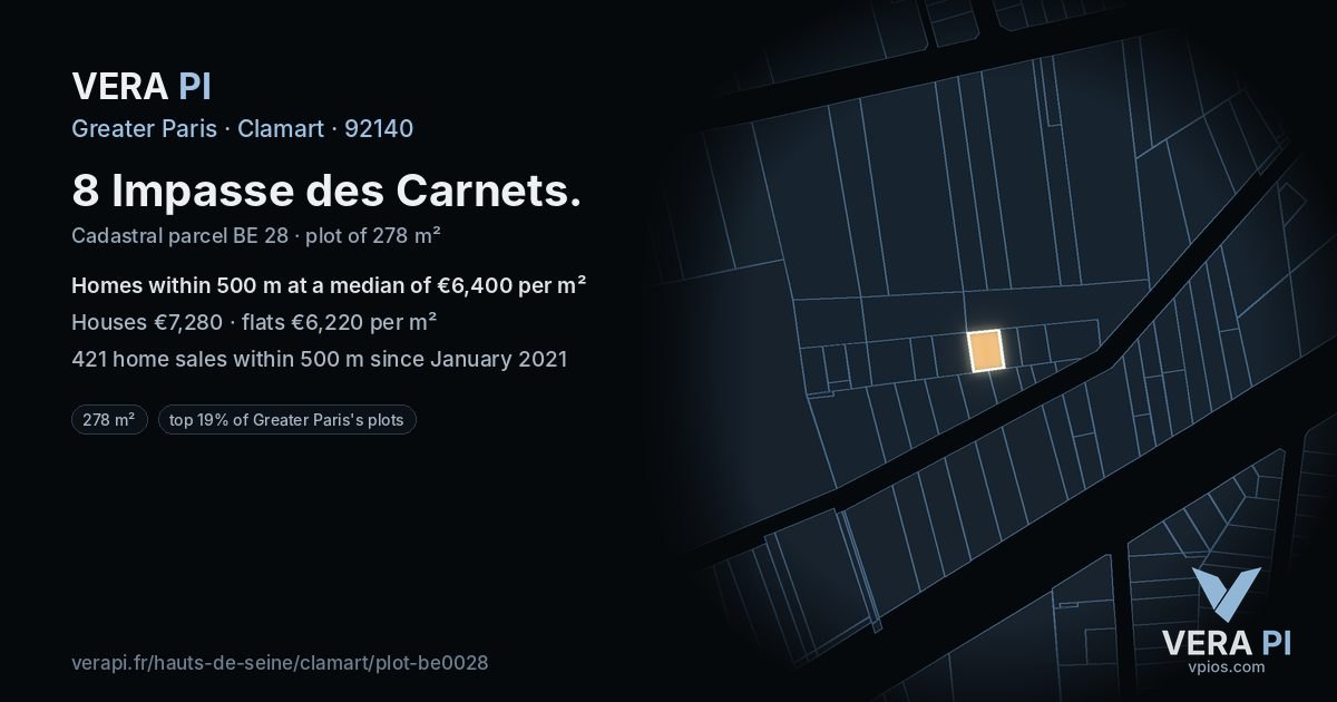 8 Impasse des Carnets, Clamart at night – the plot lit, the parcels around coloured by the prices near them