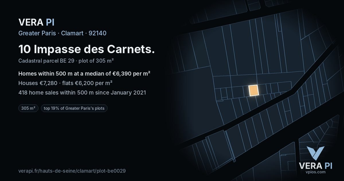 10 Impasse des Carnets, Clamart at night – the plot lit, the parcels around coloured by the prices near them