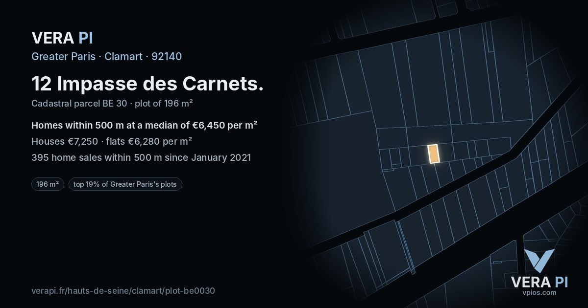 12 Impasse des Carnets, Clamart at night – the plot lit, the parcels around coloured by the prices near them