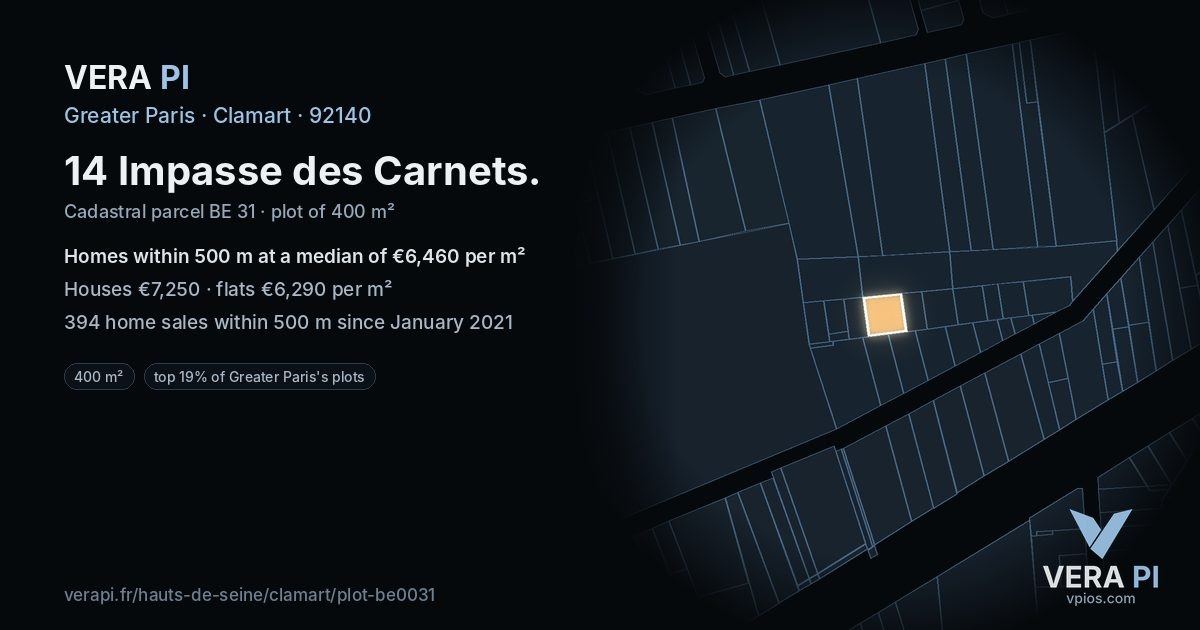 14 Impasse des Carnets, Clamart at night – the plot lit, the parcels around coloured by the prices near them
