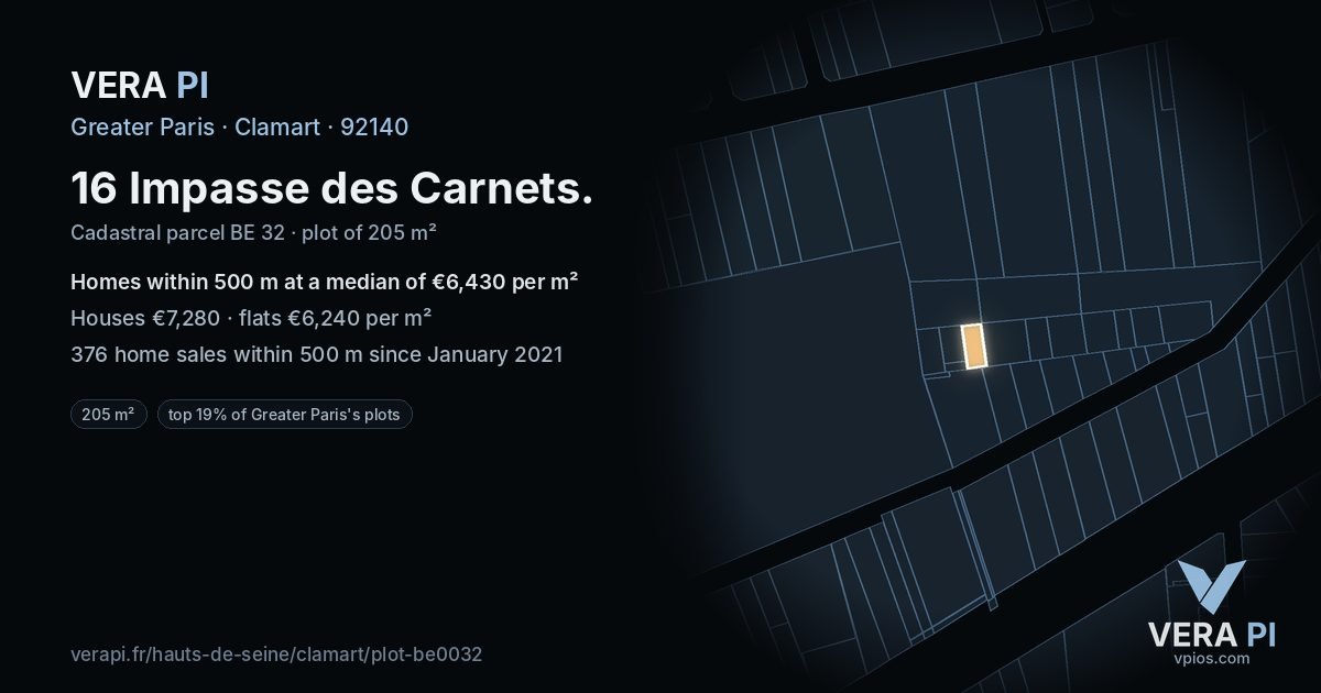 16 Impasse des Carnets, Clamart at night – the plot lit, the parcels around coloured by the prices near them