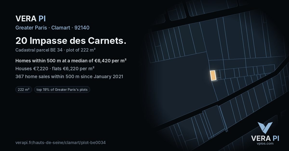 20 Impasse des Carnets, Clamart at night – the plot lit, the parcels around coloured by the prices near them