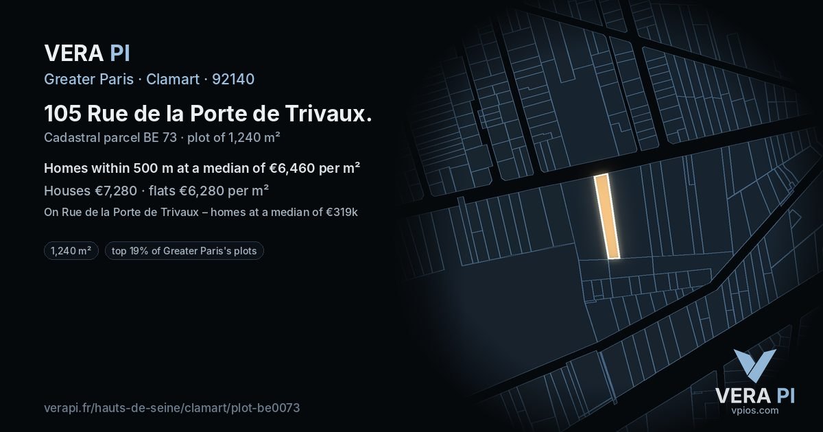 105 Rue de la Porte de Trivaux, Clamart at night – the plot lit, the parcels around coloured by the prices near them