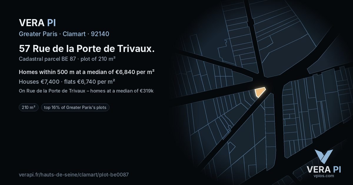57 Rue de la Porte de Trivaux, Clamart at night – the plot lit, the parcels around coloured by the prices near them