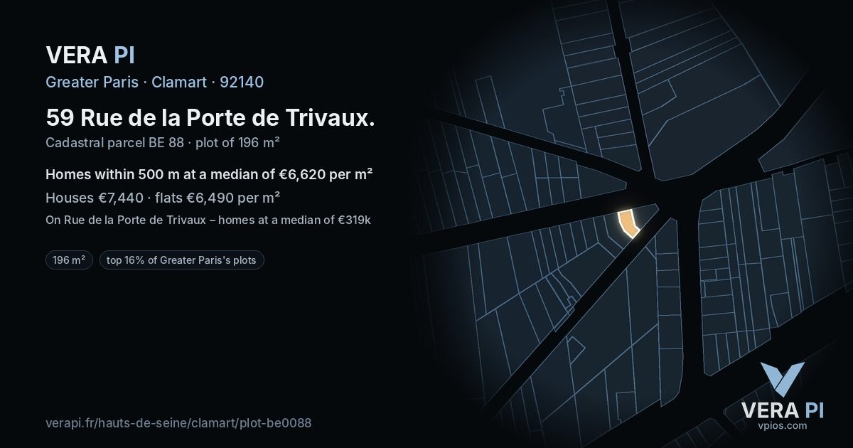 59 Rue de la Porte de Trivaux, Clamart at night – the plot lit, the parcels around coloured by the prices near them