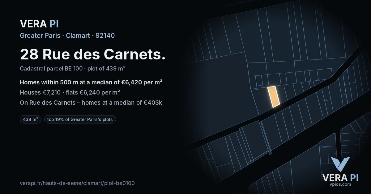 28 Rue des Carnets, Clamart at night – the plot lit, the parcels around coloured by the prices near them