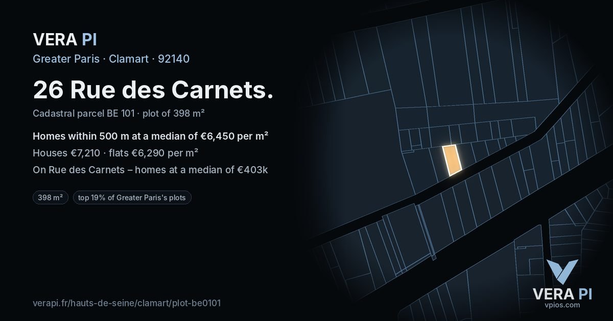 26 Rue des Carnets, Clamart at night – the plot lit, the parcels around coloured by the prices near them