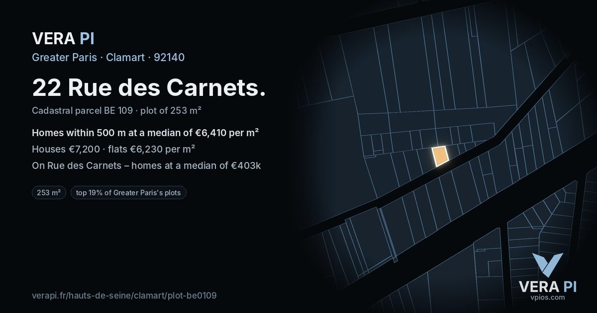 22 Rue des Carnets, Clamart at night – the plot lit, the parcels around coloured by the prices near them