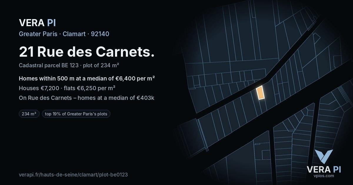 21 Rue des Carnets, Clamart at night – the plot lit, the parcels around coloured by the prices near them