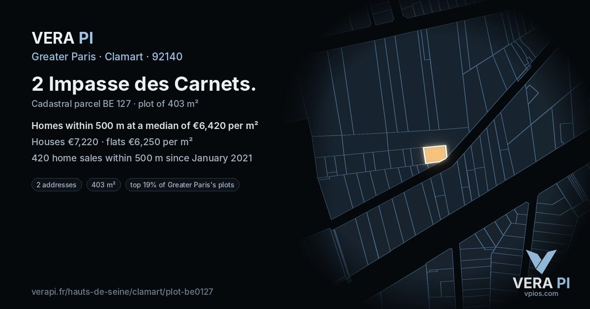 2 Impasse des Carnets, Clamart at night – the plot lit, the parcels around coloured by the prices near them