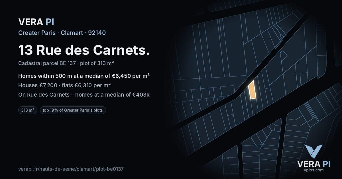 13 Rue des Carnets, Clamart at night – the plot lit, the parcels around coloured by the prices near them