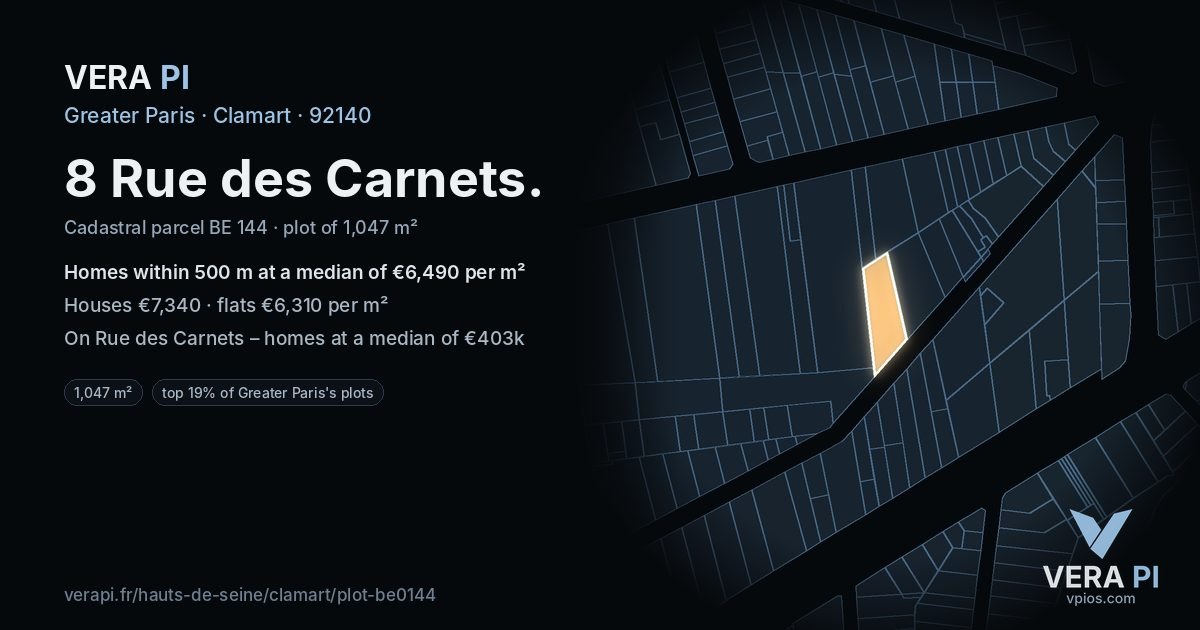 8 Rue des Carnets, Clamart at night – the plot lit, the parcels around coloured by the prices near them