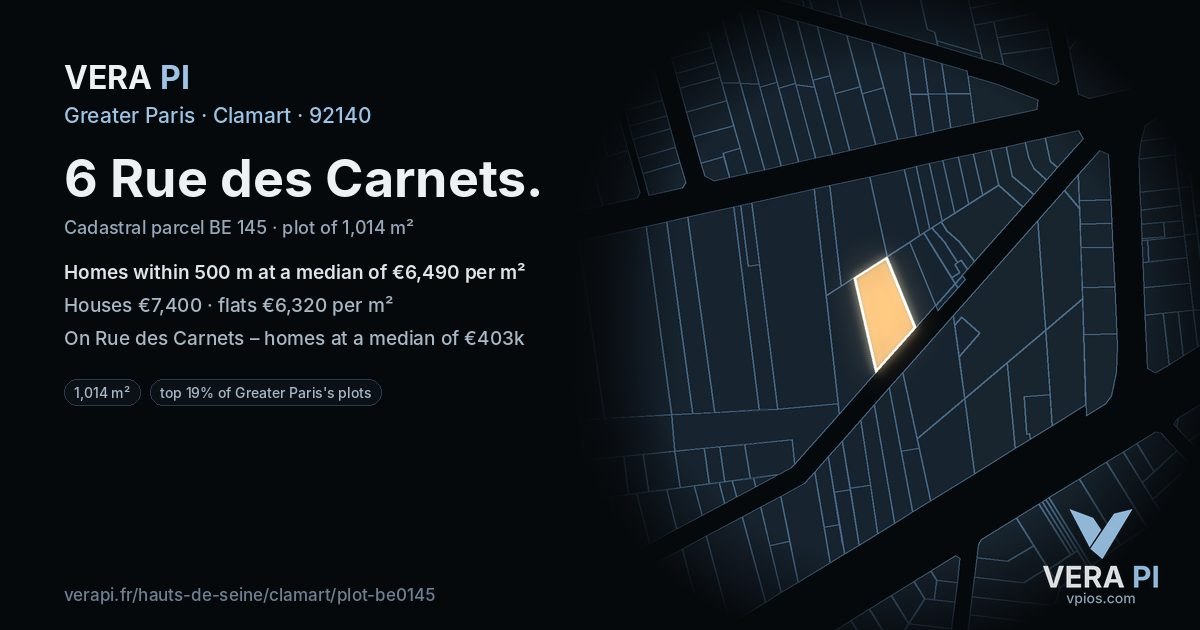 6 Rue des Carnets, Clamart at night – the plot lit, the parcels around coloured by the prices near them