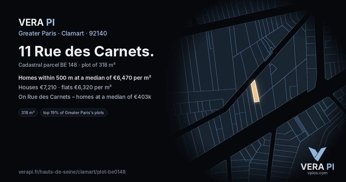 11 Rue des Carnets, Clamart at night – the plot lit, the parcels around coloured by the prices near them
