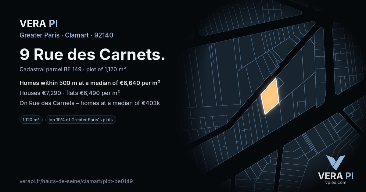 9 Rue des Carnets, Clamart at night – the plot lit, the parcels around coloured by the prices near them