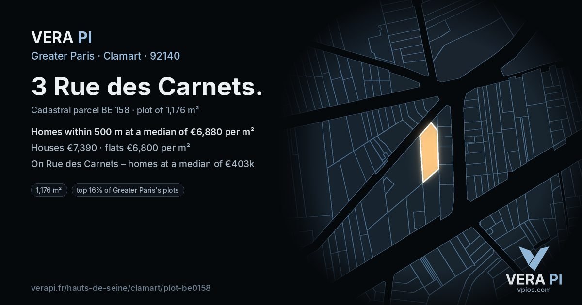 3 Rue des Carnets, Clamart at night – the plot lit, the parcels around coloured by the prices near them