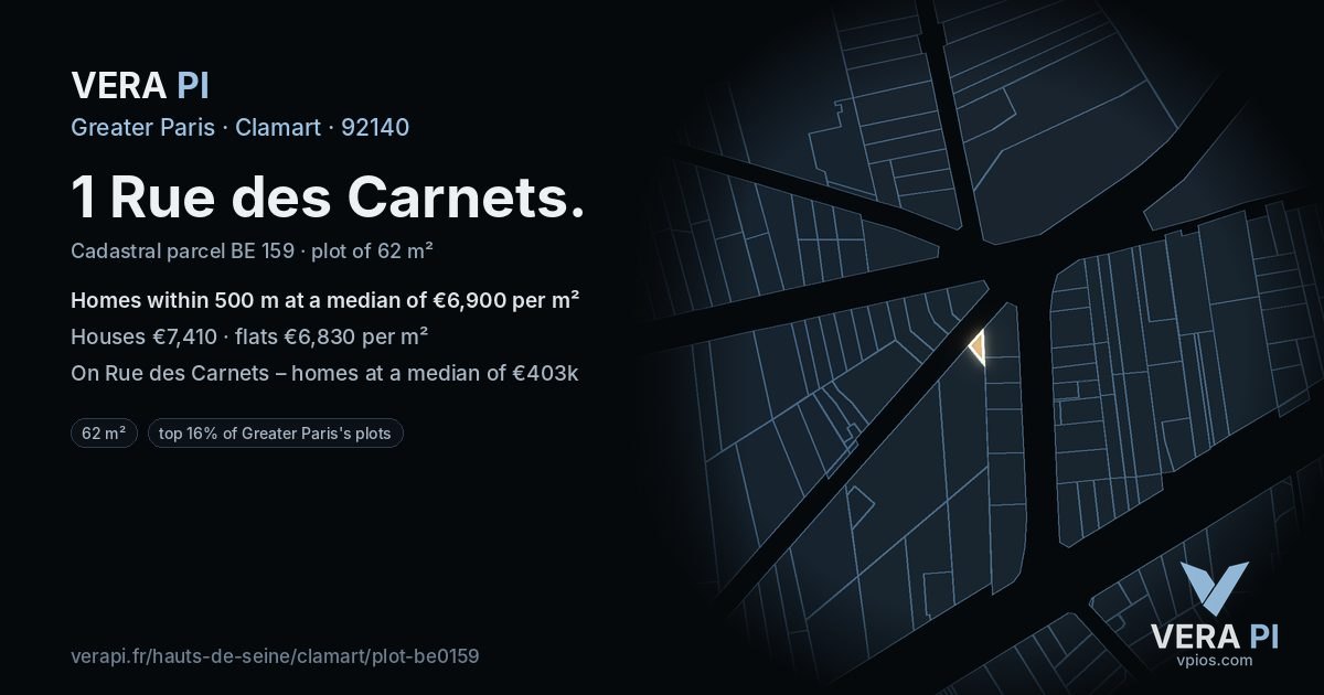 1 Rue des Carnets, Clamart at night – the plot lit, the parcels around coloured by the prices near them