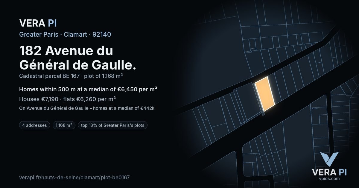182 Avenue du Général de Gaulle, Clamart at night – the plot lit, the parcels around coloured by the prices near them