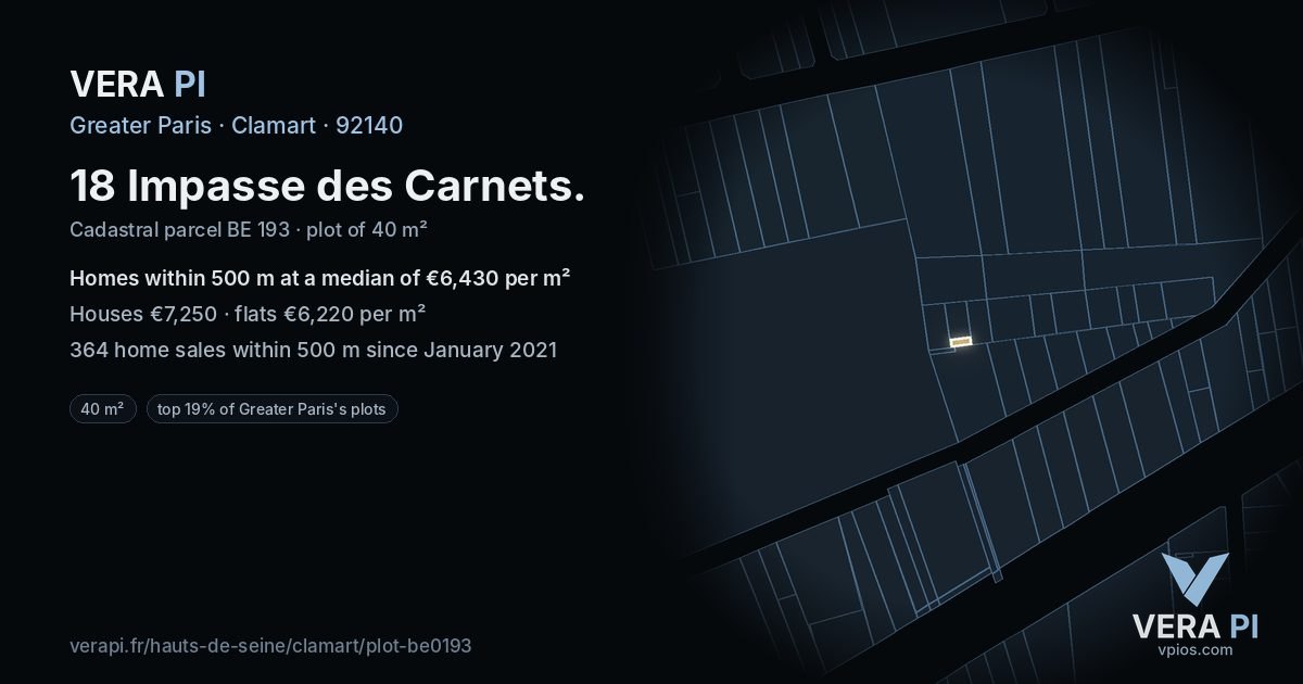 18 Impasse des Carnets, Clamart at night – the plot lit, the parcels around coloured by the prices near them