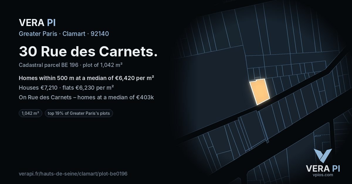 30 Rue des Carnets, Clamart at night – the plot lit, the parcels around coloured by the prices near them