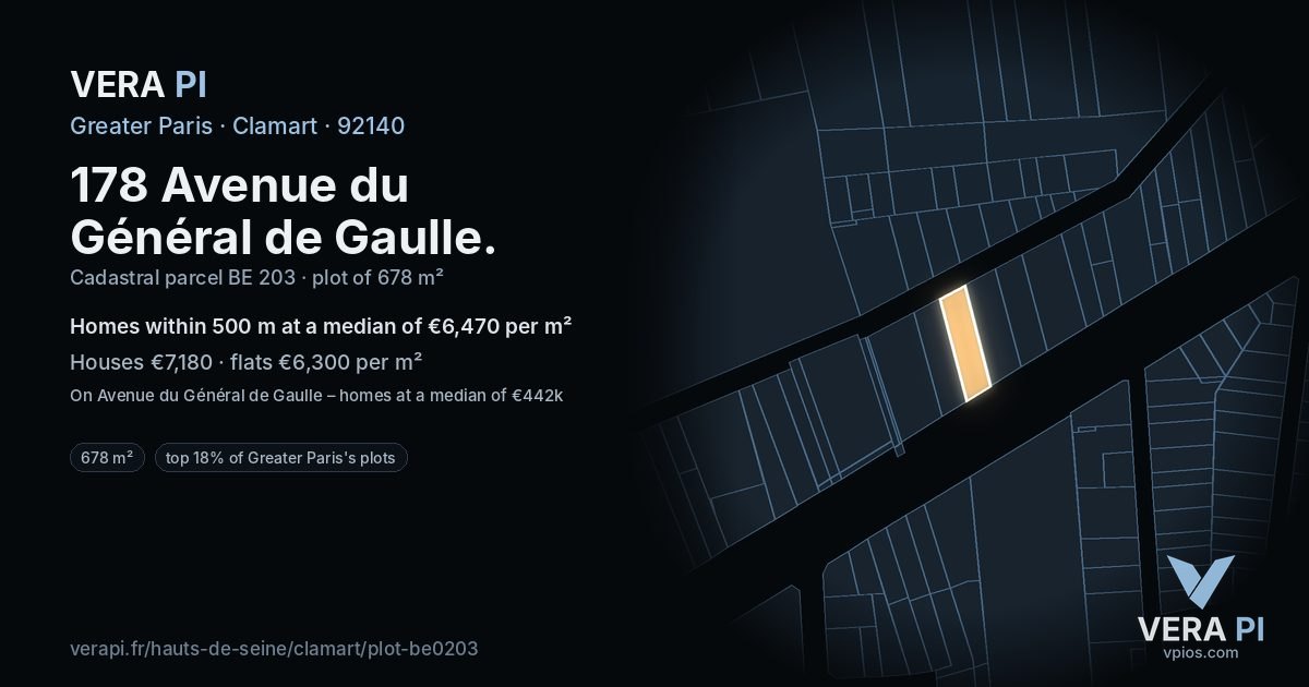 178 Avenue du Général de Gaulle, Clamart at night – the plot lit, the parcels around coloured by the prices near them