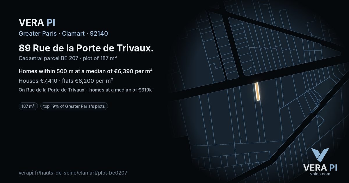 89 Rue de la Porte de Trivaux, Clamart at night – the plot lit, the parcels around coloured by the prices near them