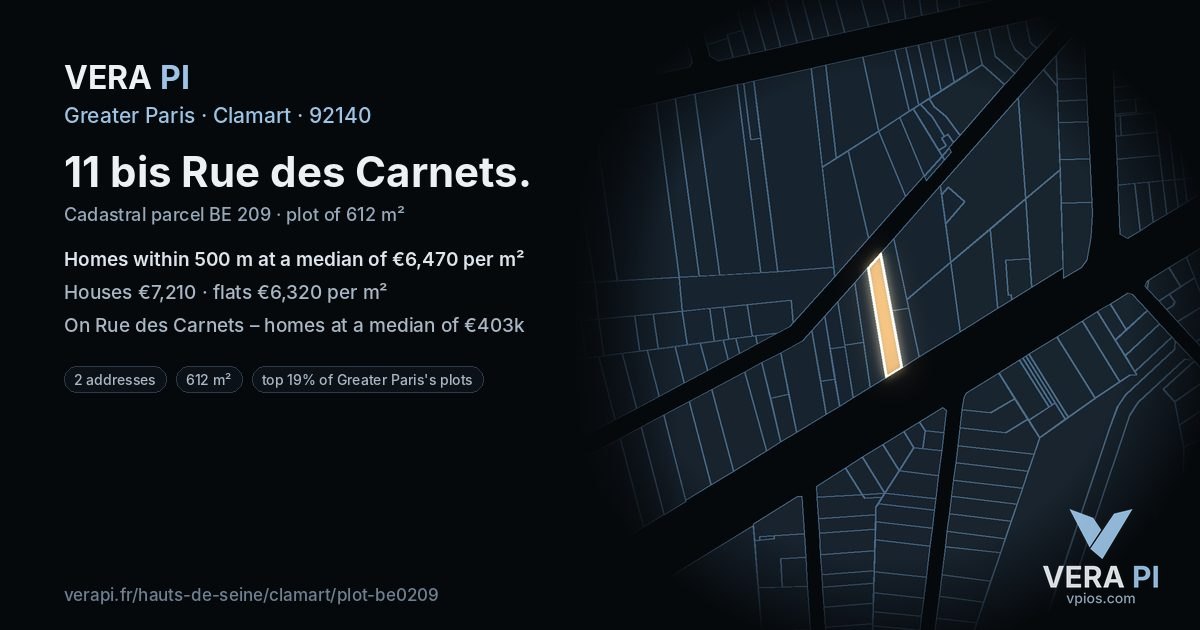 11 bis Rue des Carnets, Clamart at night – the plot lit, the parcels around coloured by the prices near them