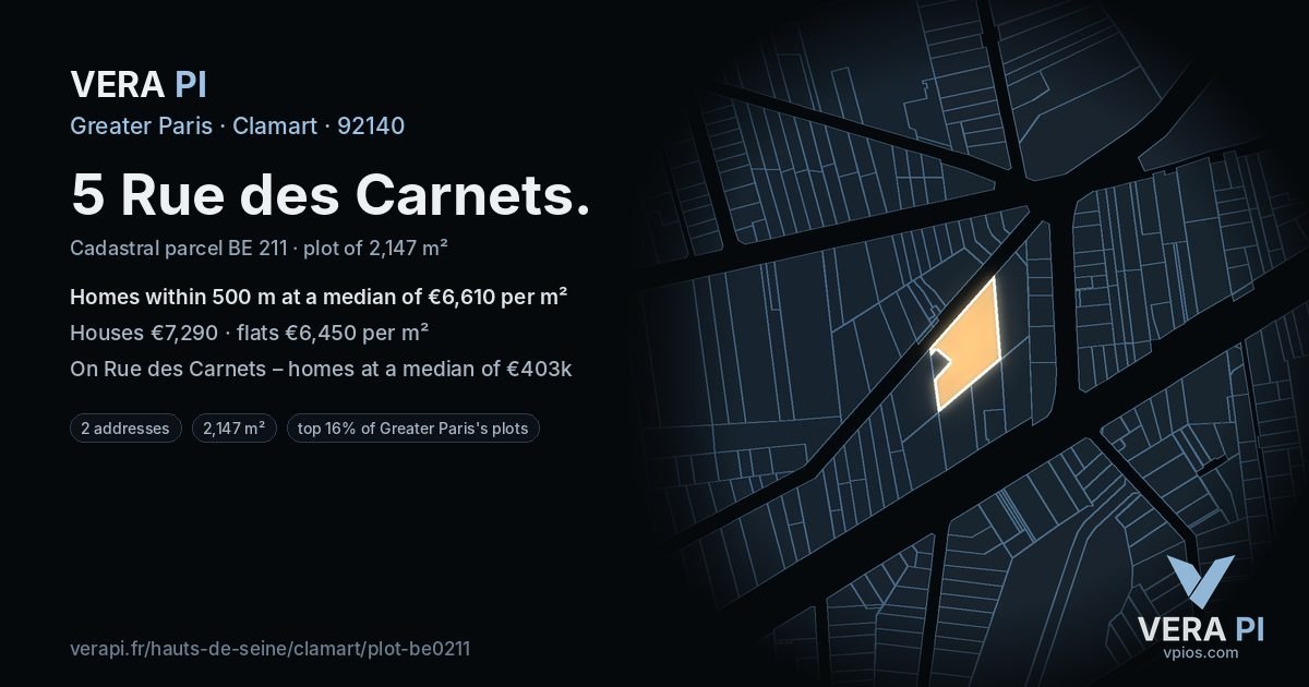 5 Rue des Carnets, Clamart at night – the plot lit, the parcels around coloured by the prices near them