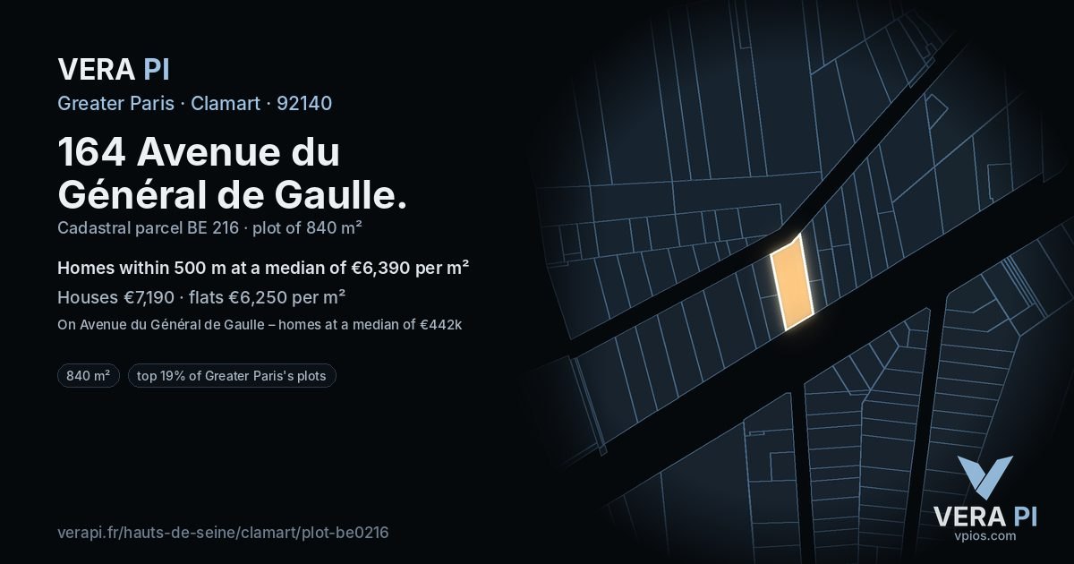 164 Avenue du Général de Gaulle, Clamart at night – the plot lit, the parcels around coloured by the prices near them