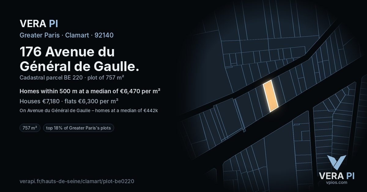 176 Avenue du Général de Gaulle, Clamart at night – the plot lit, the parcels around coloured by the prices near them