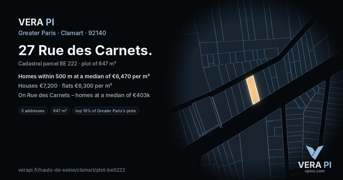 27 Rue des Carnets, Clamart at night – the plot lit, the parcels around coloured by the prices near them