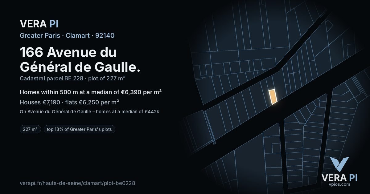 166 Avenue du Général de Gaulle, Clamart at night – the plot lit, the parcels around coloured by the prices near them