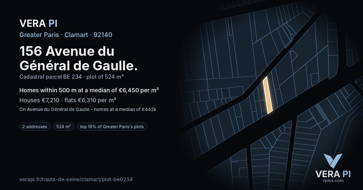 156 Avenue du Général de Gaulle, Clamart at night – the plot lit, the parcels around coloured by the prices near them