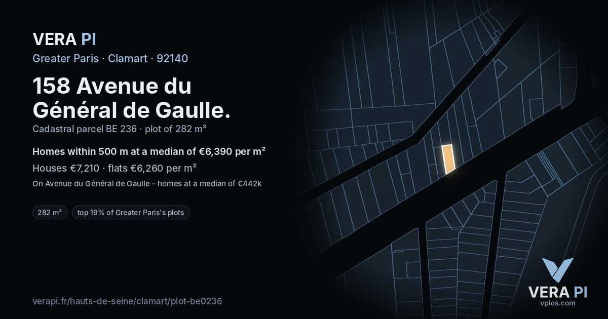 158 Avenue du Général de Gaulle, Clamart at night – the plot lit, the parcels around coloured by the prices near them