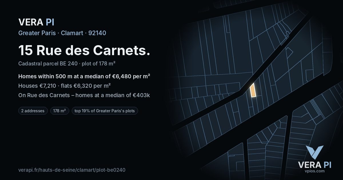 15 Rue des Carnets, Clamart at night – the plot lit, the parcels around coloured by the prices near them