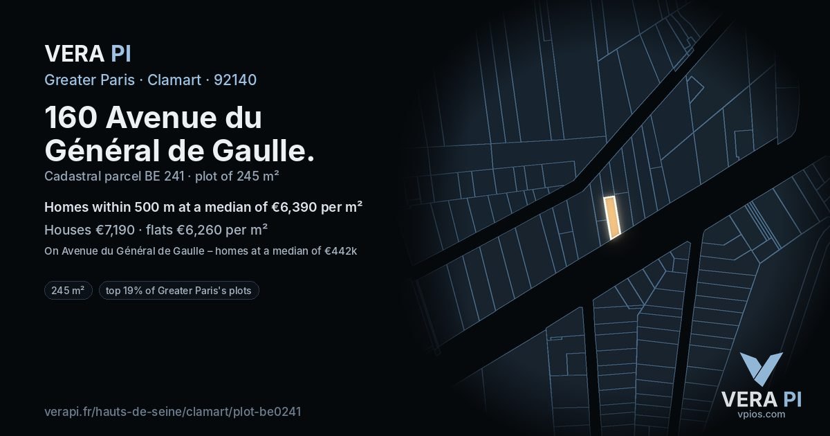 160 Avenue du Général de Gaulle, Clamart at night – the plot lit, the parcels around coloured by the prices near them