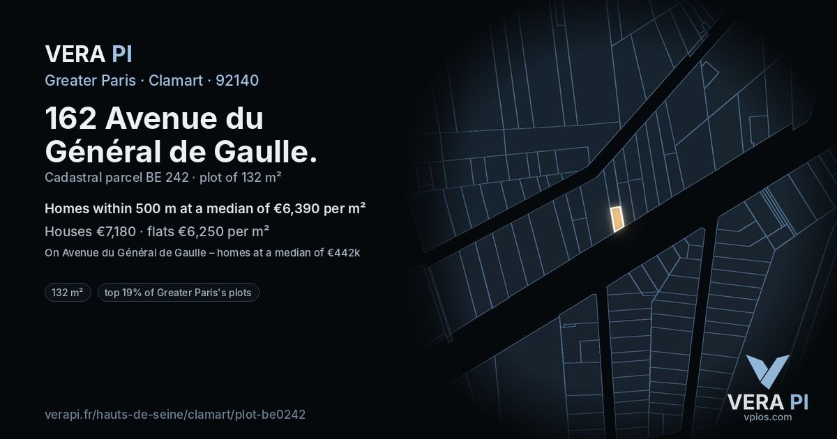 162 Avenue du Général de Gaulle, Clamart at night – the plot lit, the parcels around coloured by the prices near them