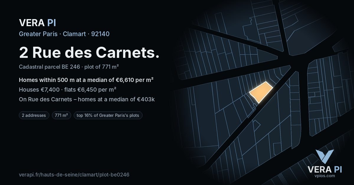 2 Rue des Carnets, Clamart at night – the plot lit, the parcels around coloured by the prices near them