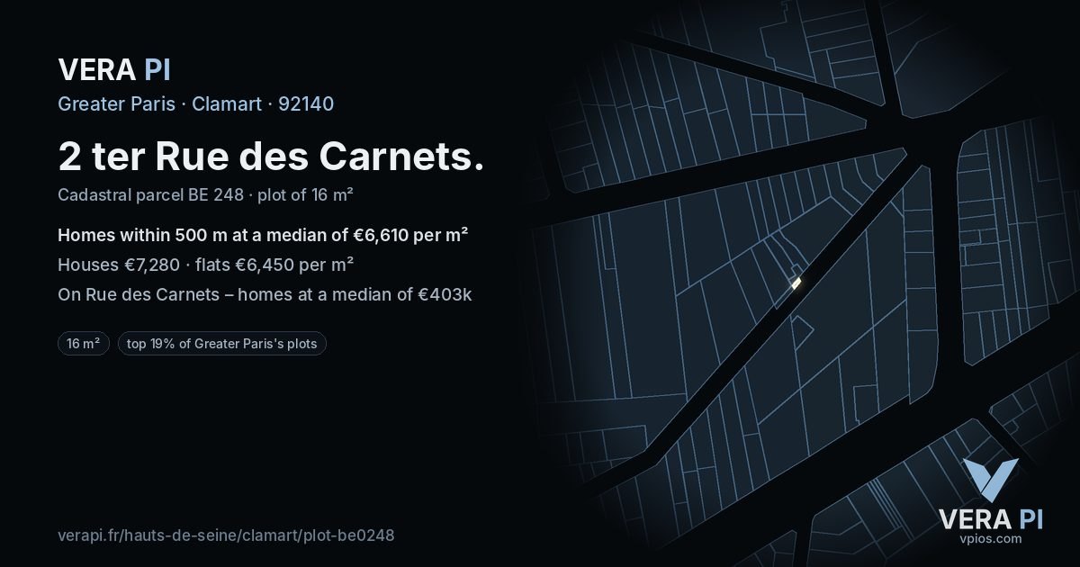 2 ter Rue des Carnets, Clamart at night – the plot lit, the parcels around coloured by the prices near them