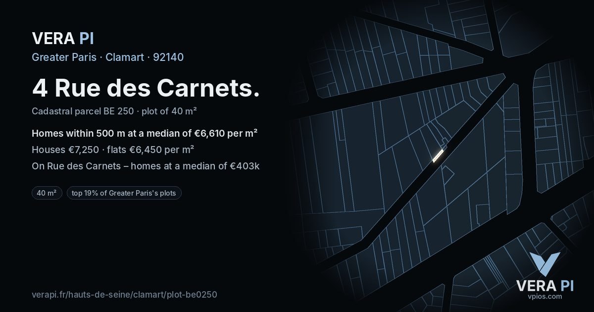 4 Rue des Carnets, Clamart at night – the plot lit, the parcels around coloured by the prices near them