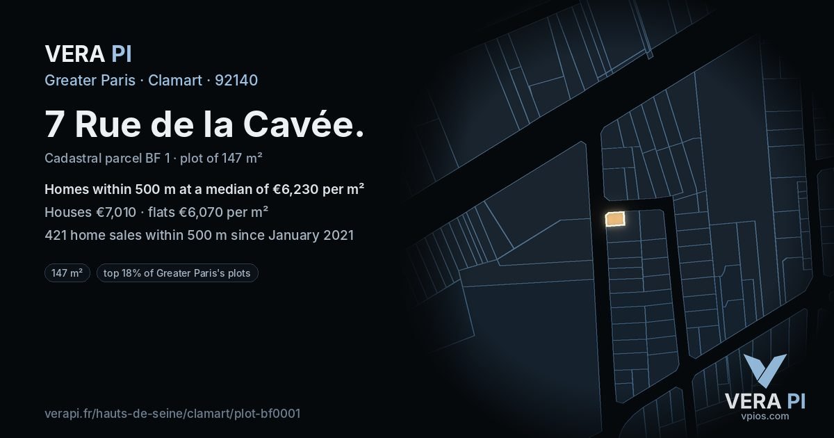 7 Rue de la Cavée, Clamart at night – the plot lit, the parcels around coloured by the prices near them