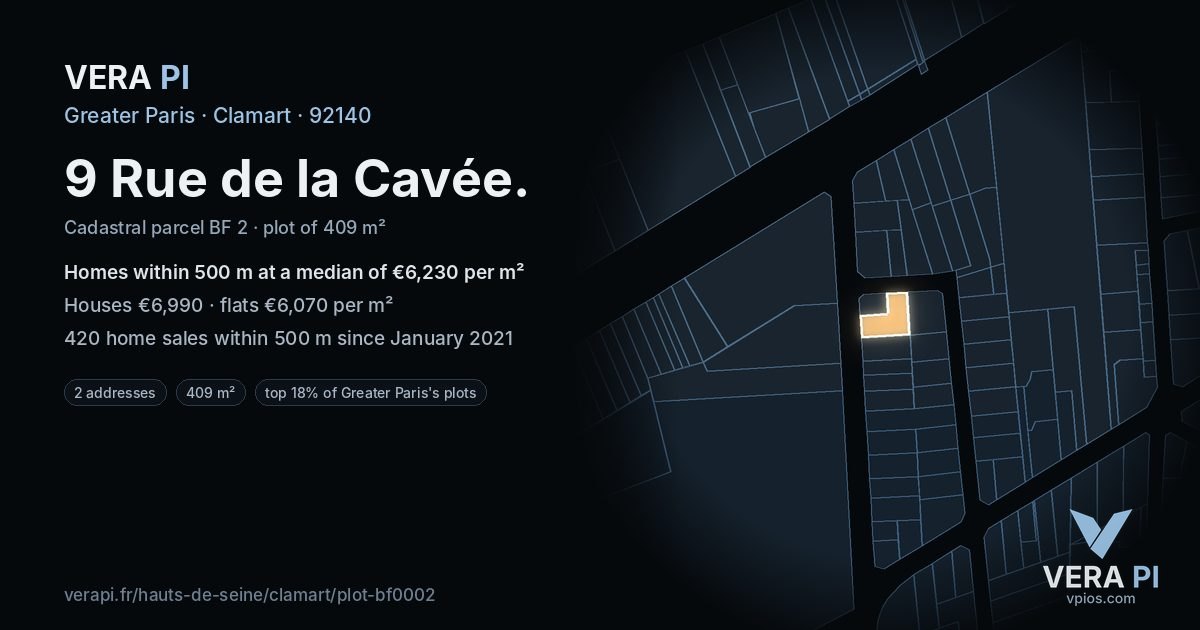 9 Rue de la Cavée, Clamart at night – the plot lit, the parcels around coloured by the prices near them