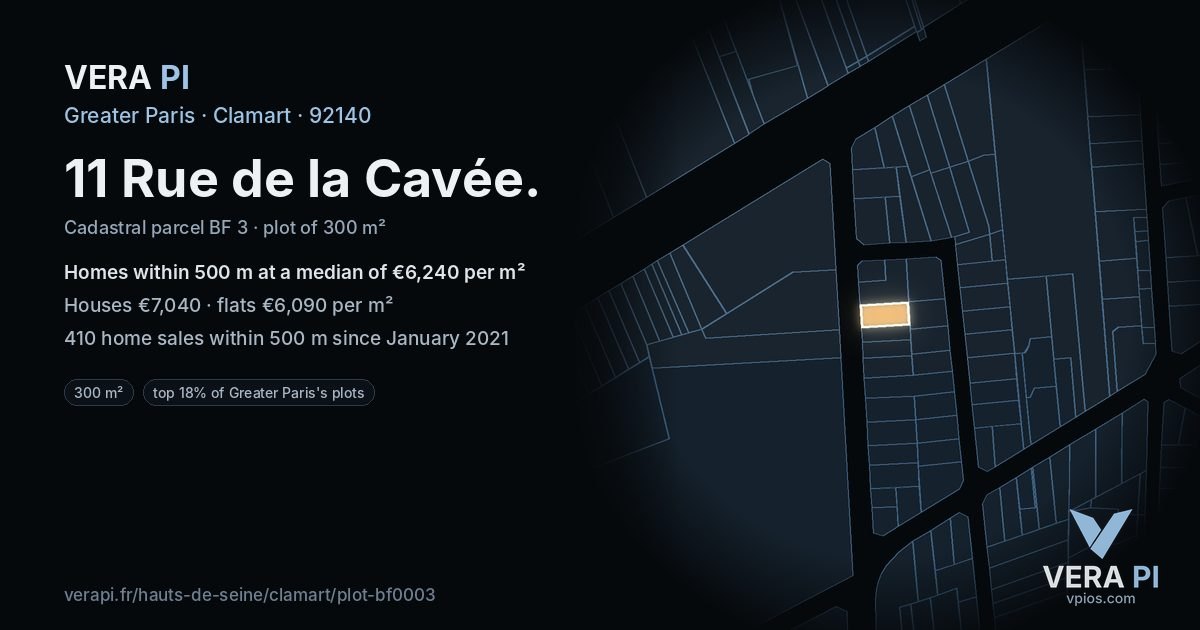 11 Rue de la Cavée, Clamart at night – the plot lit, the parcels around coloured by the prices near them