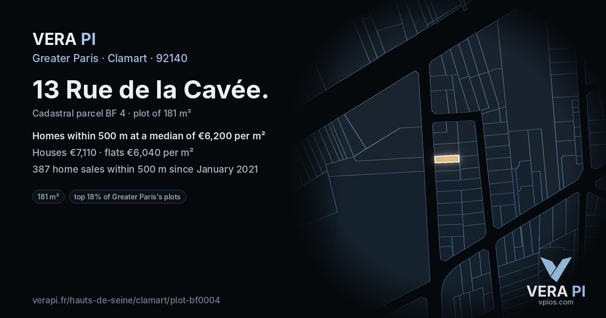 13 Rue de la Cavée, Clamart at night – the plot lit, the parcels around coloured by the prices near them