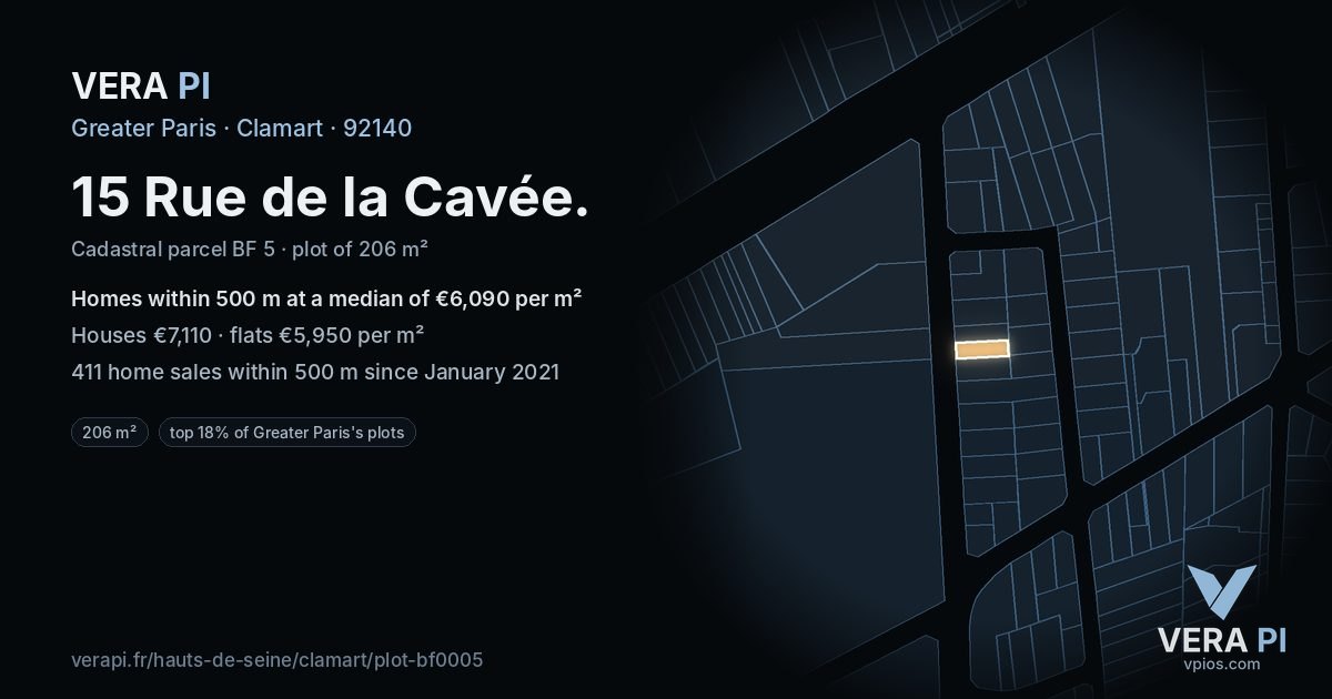 15 Rue de la Cavée, Clamart at night – the plot lit, the parcels around coloured by the prices near them