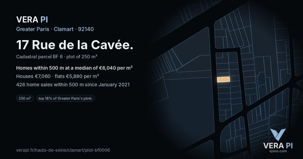 17 Rue de la Cavée, Clamart at night – the plot lit, the parcels around coloured by the prices near them