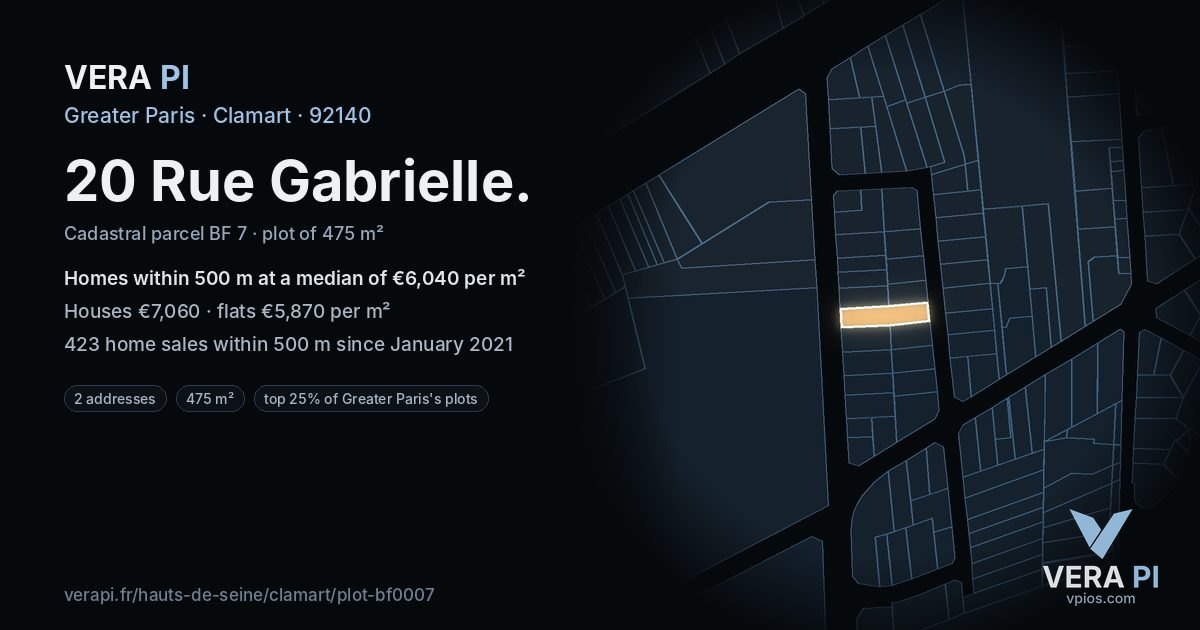 20 Rue Gabrielle, Clamart at night – the plot lit, the parcels around coloured by the prices near them