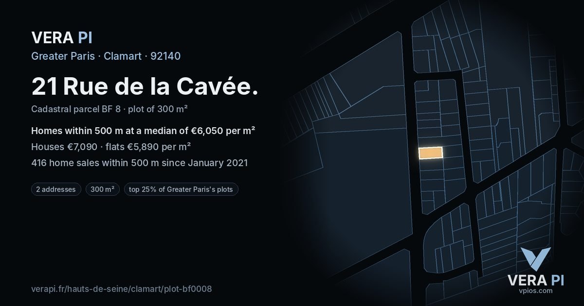 21 Rue de la Cavée, Clamart at night – the plot lit, the parcels around coloured by the prices near them